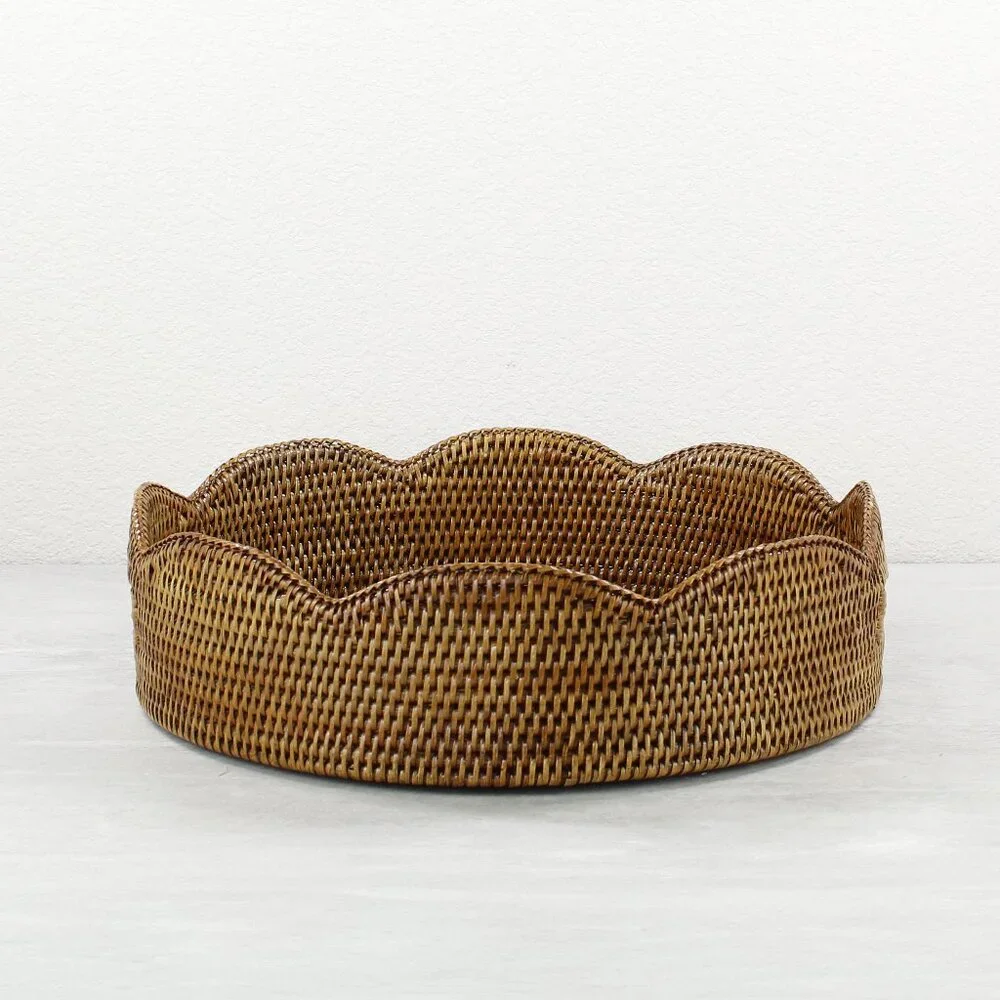 NEW Tight Woven Scalloped Round Rattan Tray - Honey Brown